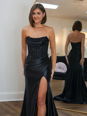 Light Blue Mermaid Strapless Applique Sweep Train Prom Dress with Slit