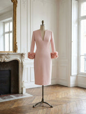 3D Floral Classic Notched Long Sleeve A-Line Midi Dress