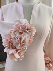 3D Floral Classic Notched Long Sleeve A-Line Midi Dress