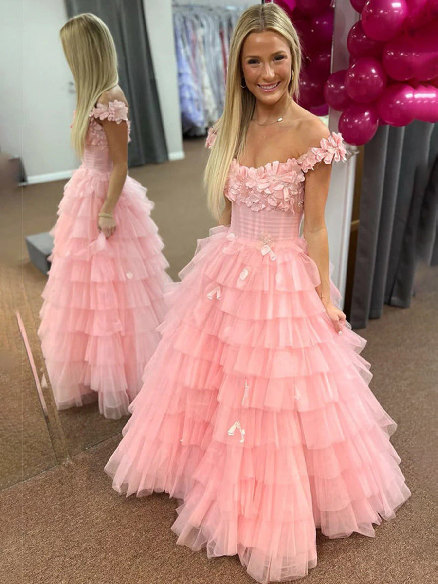 3D Floral Lace Off-the-Shoulder Ruffle Tiered Prom Dress
