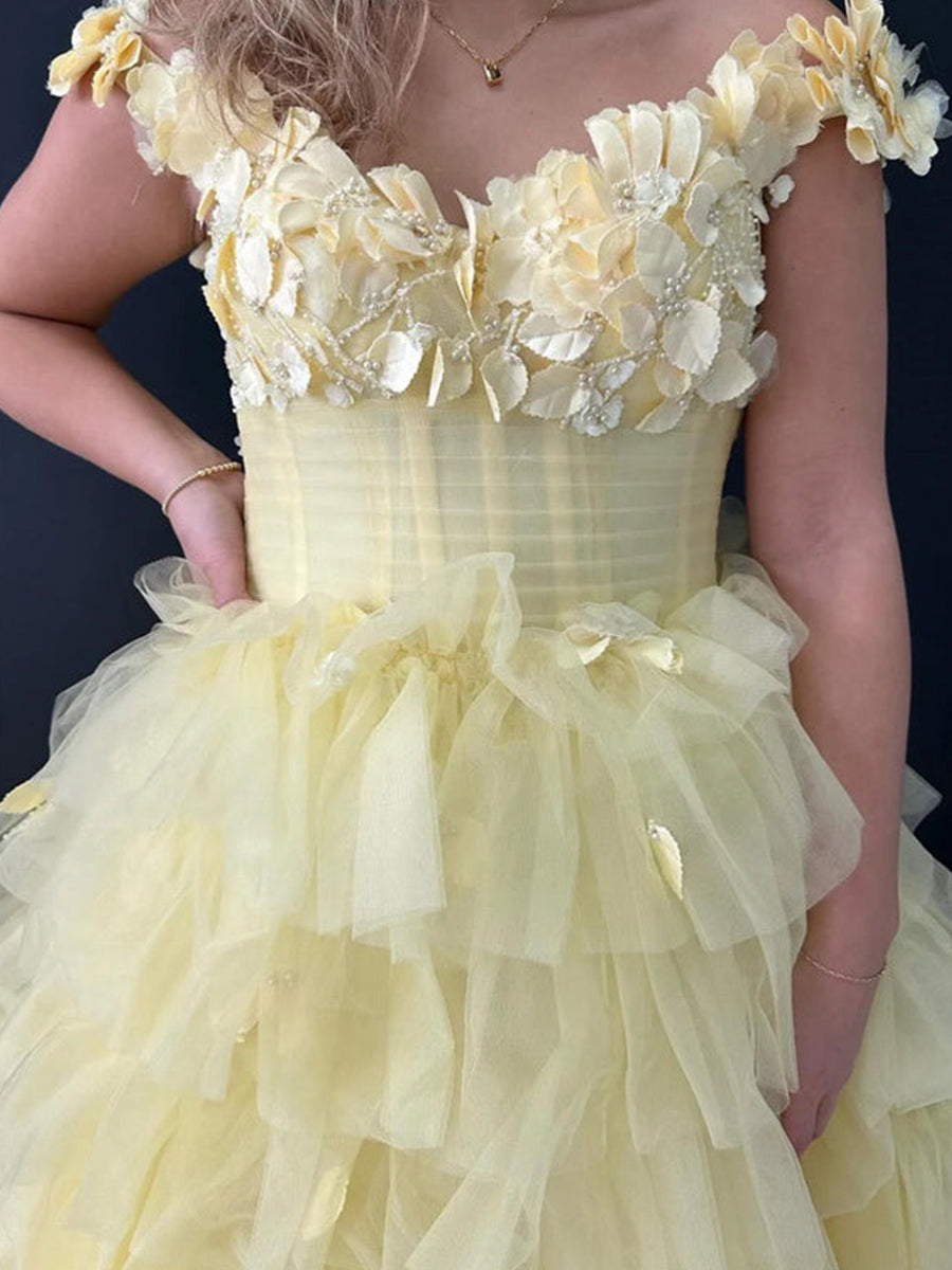 3D Floral Lace Off-the-Shoulder Ruffle Tiered Prom Dress