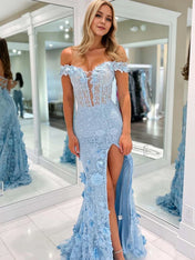 3D Floral Lace Off the Shoulder Corset Long Prom Dress with Slit