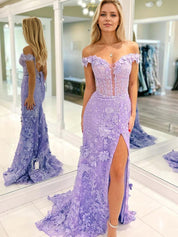 3D Floral Lace Off the Shoulder Corset Long Prom Dress with Slit