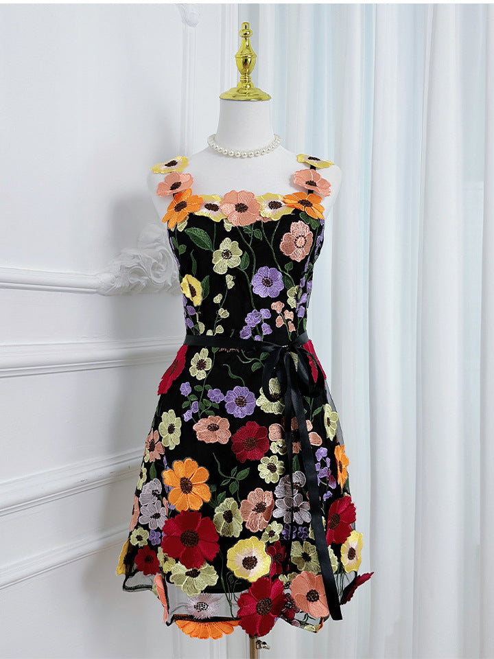 3D Floral Embroidery Tulle V-Neck Lace Mesh Homecoming Mini Dress