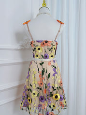 3D Floral Embroidery Tulle V-Neck Lace Mesh Homecoming Mini Dress