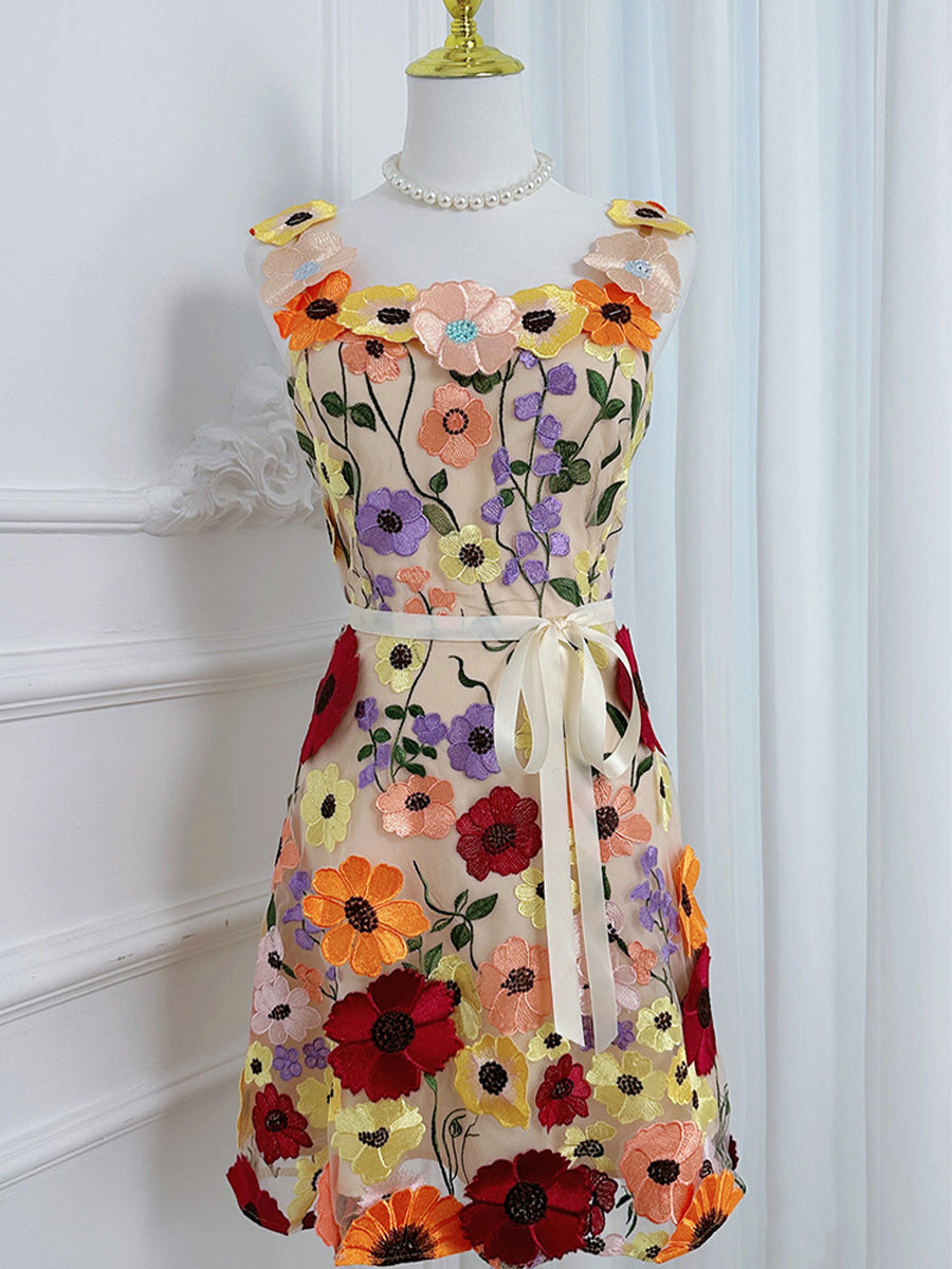 3D Floral Embroidery Tulle V-Neck Lace Mesh Homecoming Mini Dress