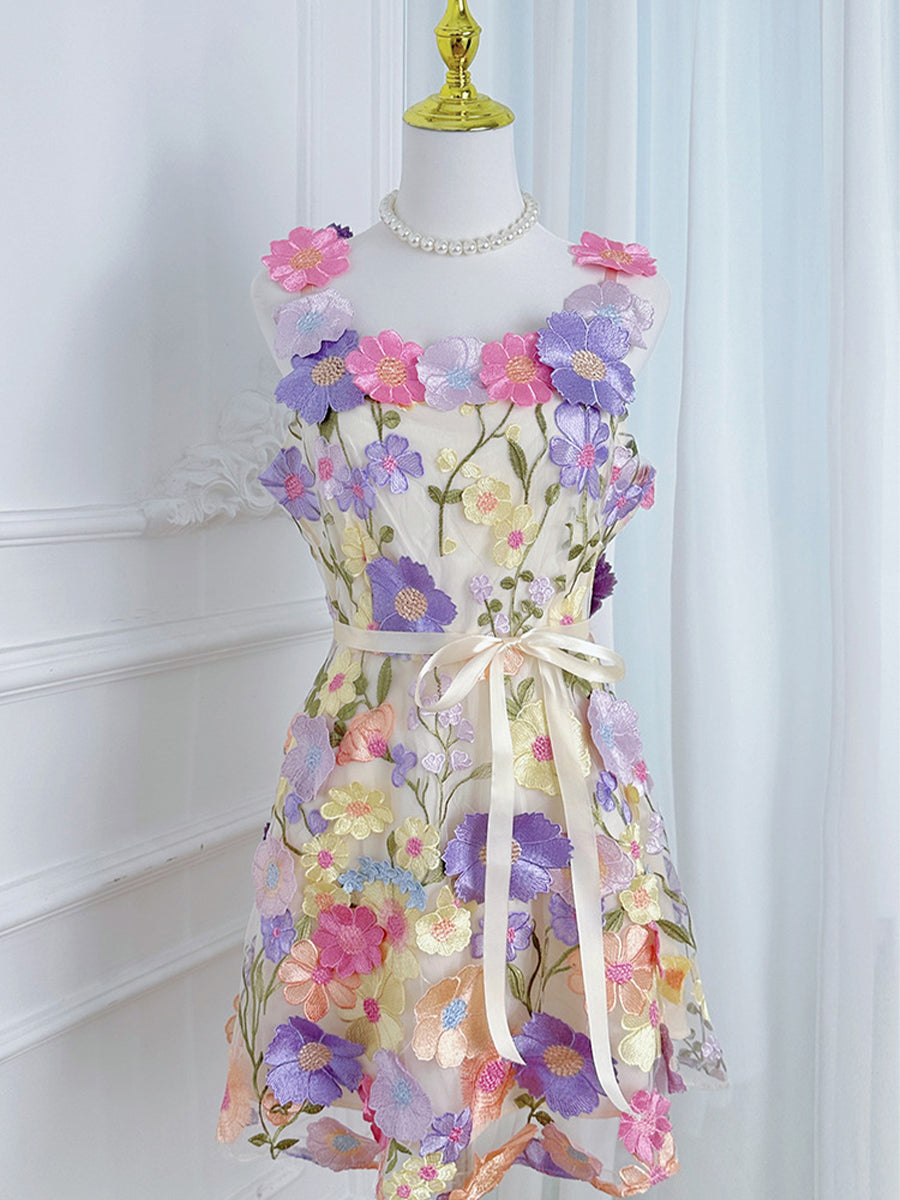 3D Floral Embroidery Tulle V-Neck Lace Mesh Homecoming Mini Dress