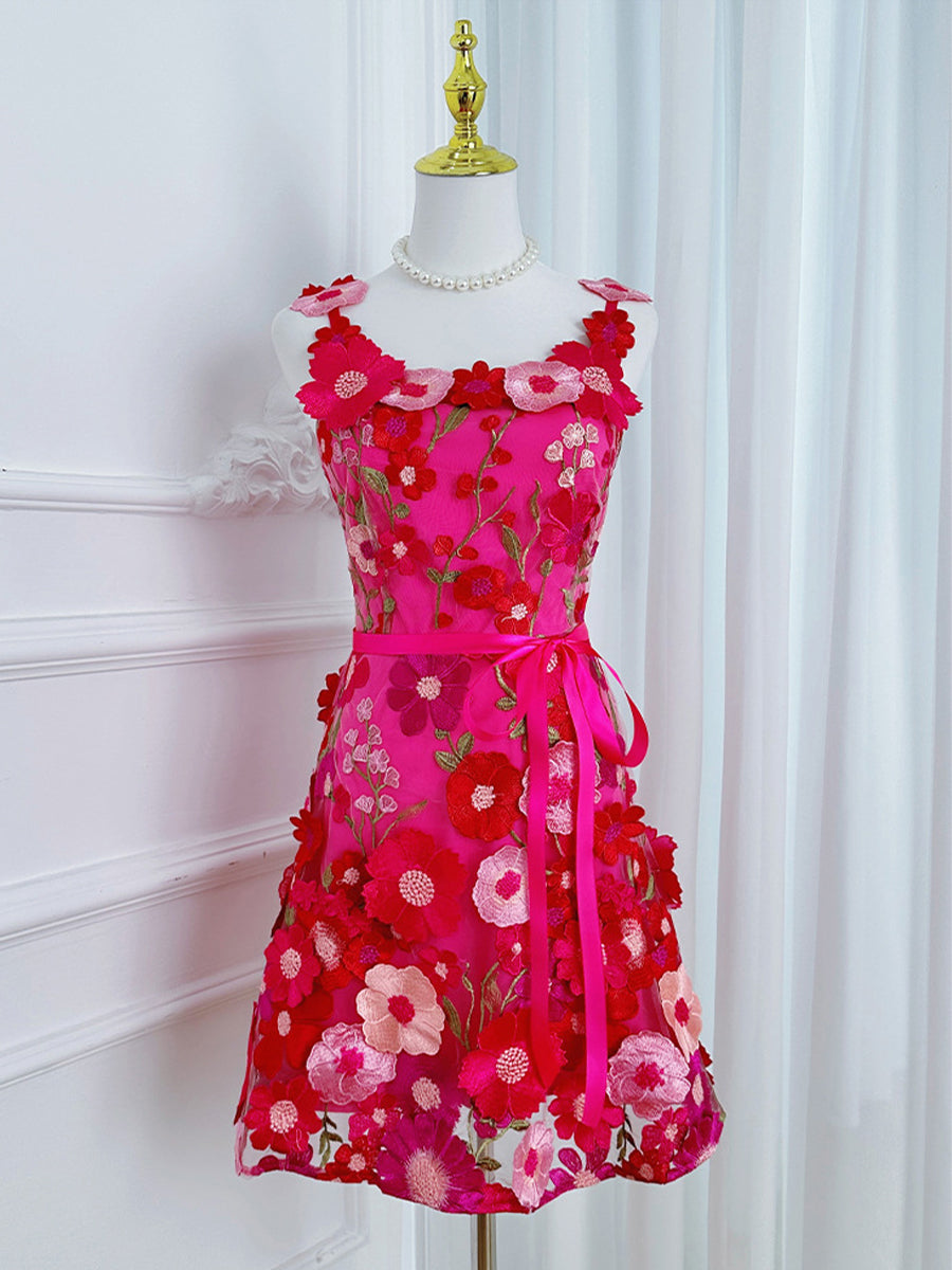 3D Floral Embroidery Tulle V-Neck Lace Mesh Homecoming Mini Dress