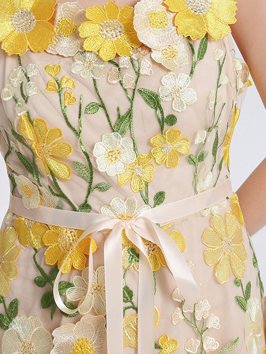3D Floral Embroidery Tulle V-Neck Lace Mesh Homecoming Mini Dress