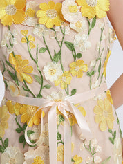 3D Floral Embroidery Tulle V-Neck Lace Mesh Homecoming Mini Dress