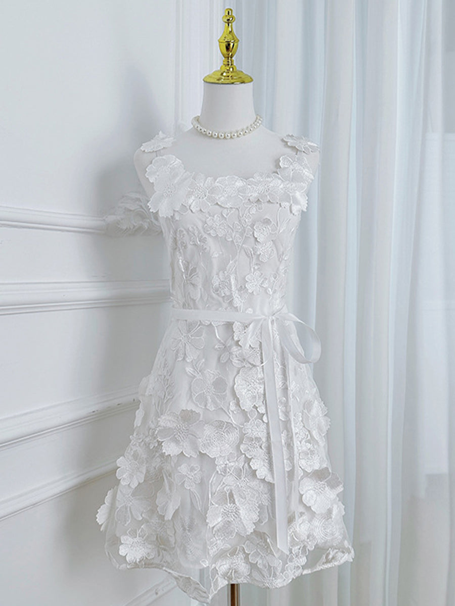 3D Floral Embroidery Tulle V-Neck Lace Mesh Homecoming Mini Dress