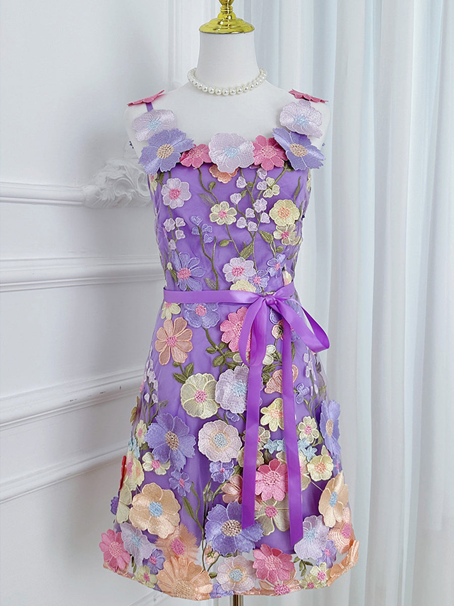 3D Floral Embroidery Tulle V-Neck Lace Mesh Homecoming Mini Dress