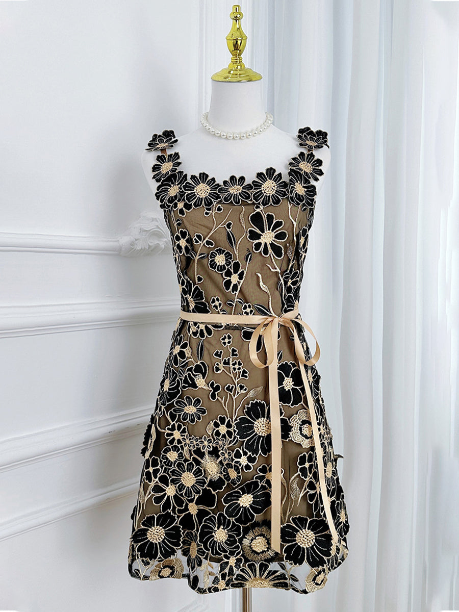 3D Floral Embroidery Tulle V-Neck Lace Mesh Homecoming Mini Dress