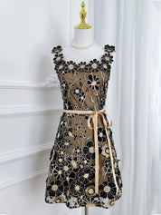 3D Floral Embroidery Tulle V-Neck Lace Mesh Homecoming Mini Dress