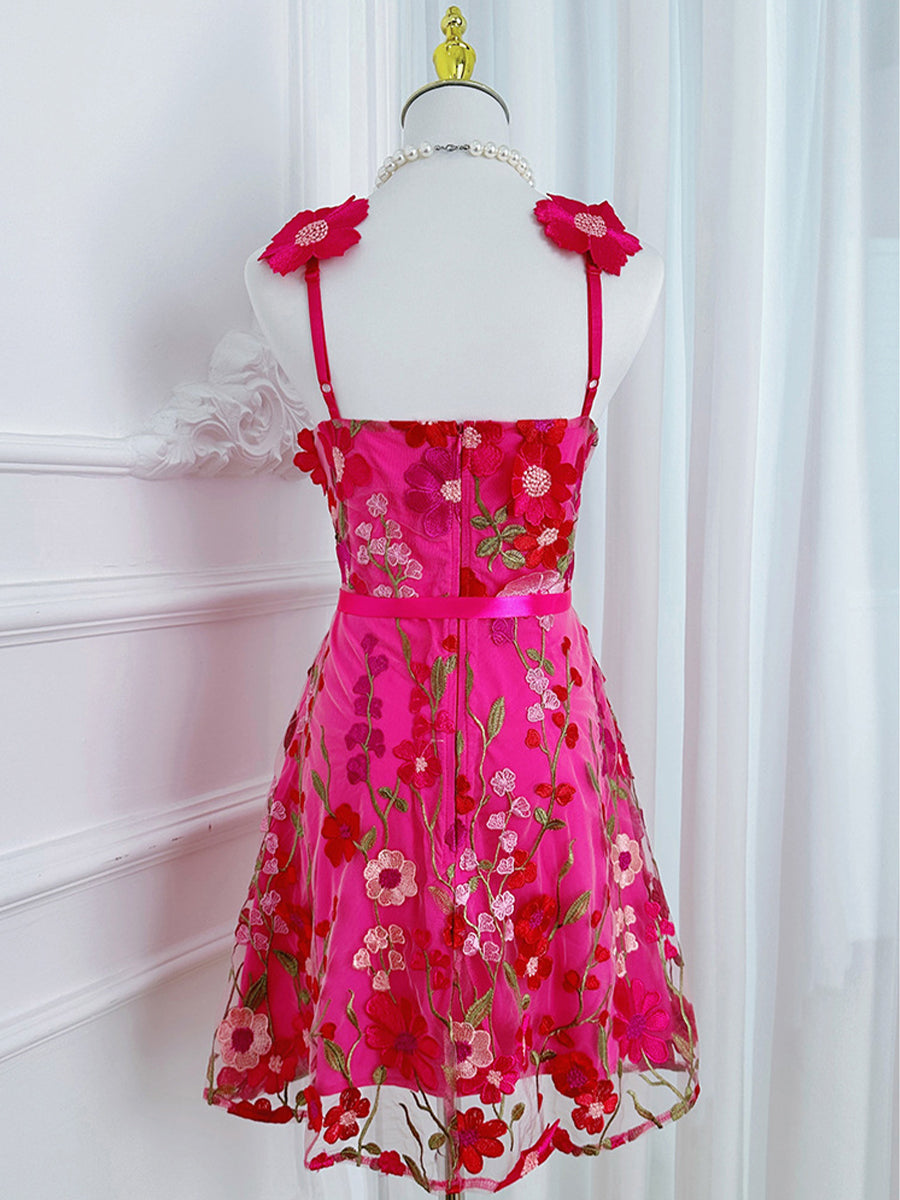 3D Floral Embroidery Tulle V-Neck Lace Mesh Homecoming Mini Dress