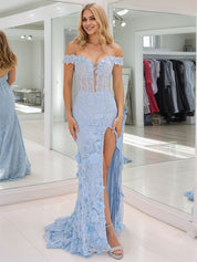 3D Floral Lace Off the Shoulder Corset Long Prom Dress with Slit