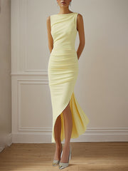 Yellow Round Neck Sleeveless Asymmetrical Length Chiffon Dress With Ruffles