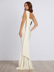 Ivory Satin Asymmetrical Neck Sleeveless Floor Length Dress With 3D Flower