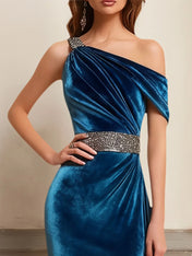 Formal Dress Blue Sheath One Shoulder Belted Velvet Midi Dress