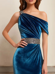 Formal Dress Blue Sheath One Shoulder Belted Velvet Midi Dress