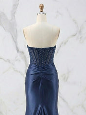 Glamorous Strapless Beaded Corset Satin Prom Dress with Slit