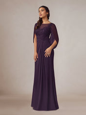 Plum Sheath/Column Chiffon Boat Neck Floor Length Mother of the Bride Dress