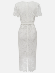 White Bow Lace V Neck Short Sleeve Sheath Midi Dress