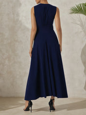 Purplish Blue Bow Lyocell Linen Wrap V Neck Sleeveless A-Line Maxi Dress