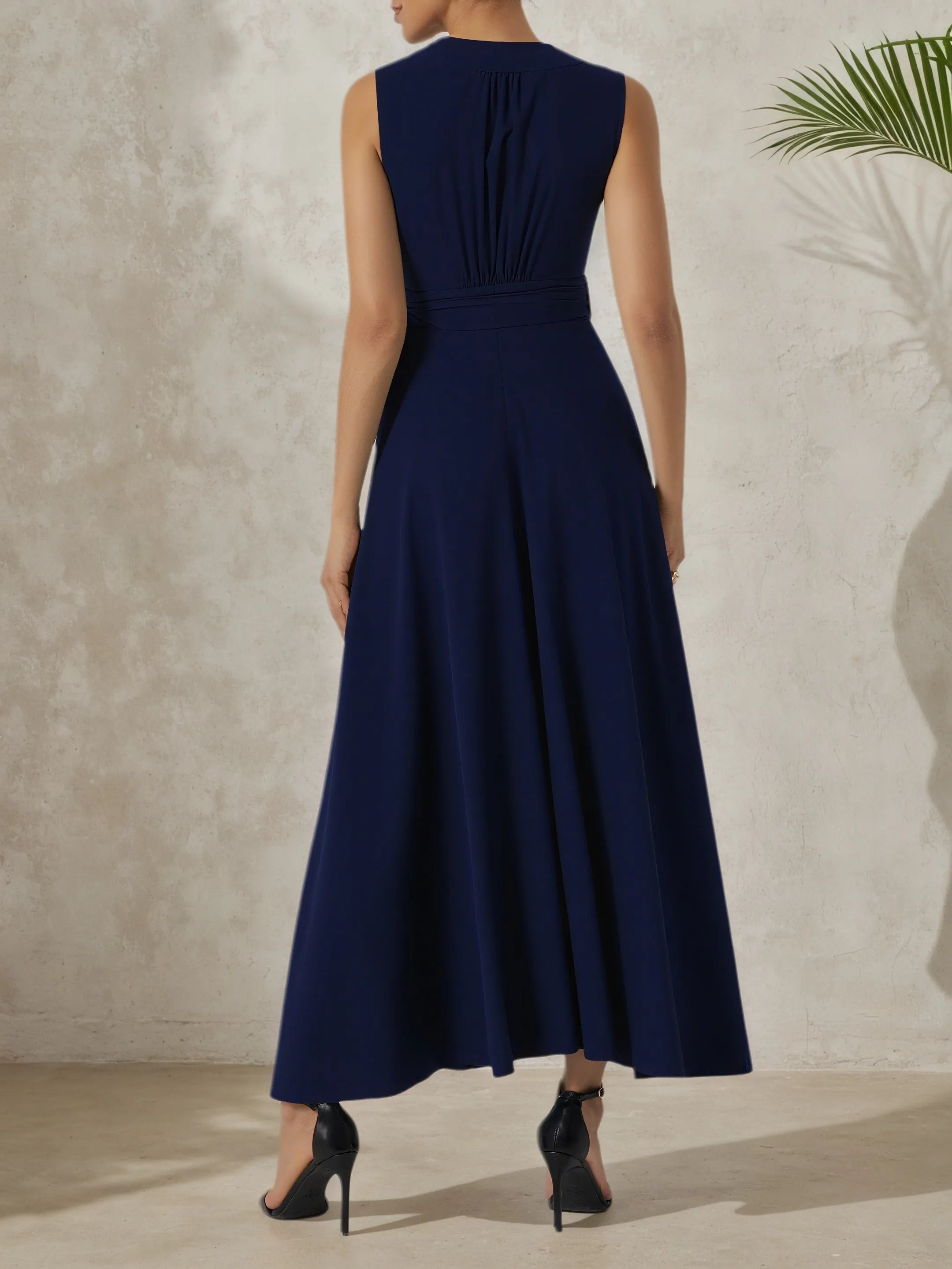 Purplish Blue Bow Lyocell Linen Wrap V Neck Sleeveless A-Line Maxi Dress