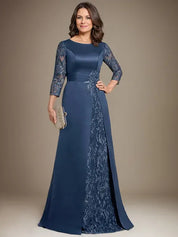 Robe de mère de la mariée en satin et dentelle, coupe trapèze, longueur au sol, avec appliques 