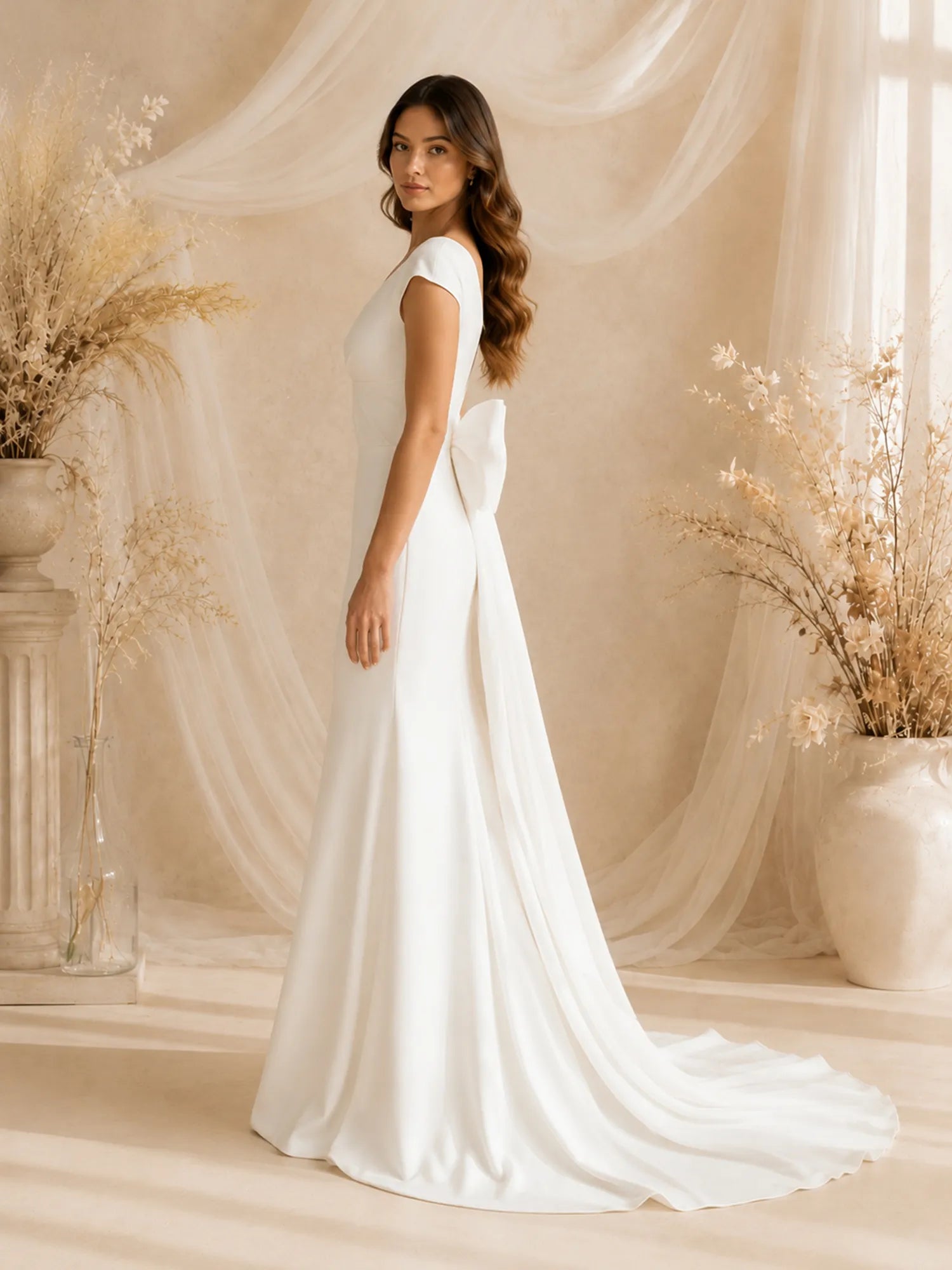 V-Neck Cap-Sleeve Satin Mermaid Wedding Dress with Sweep Train