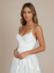 White A-Line Spaghetti Straps Sequins Tulle Wedding Dress