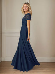 Dark Navy A-Line Boatneck Sequins Chiffon Dress