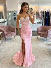 Pink Pearl Beaded Long Corset Prom Dress with Slit