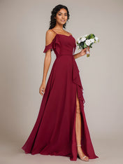 Burgundy A-Line Spaghetti Straps Floor-Length Chiffon Bridesmaid Dress With Ruffle