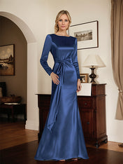 Satin Sheath Long Sleeves Mother of the Bride Dress with Side Waist