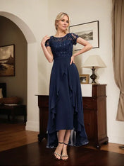 A-line Scoop Illusion Asymmetrical Chiffon Lace Mother of the Bride Dress With Bow Ruffle Sequins