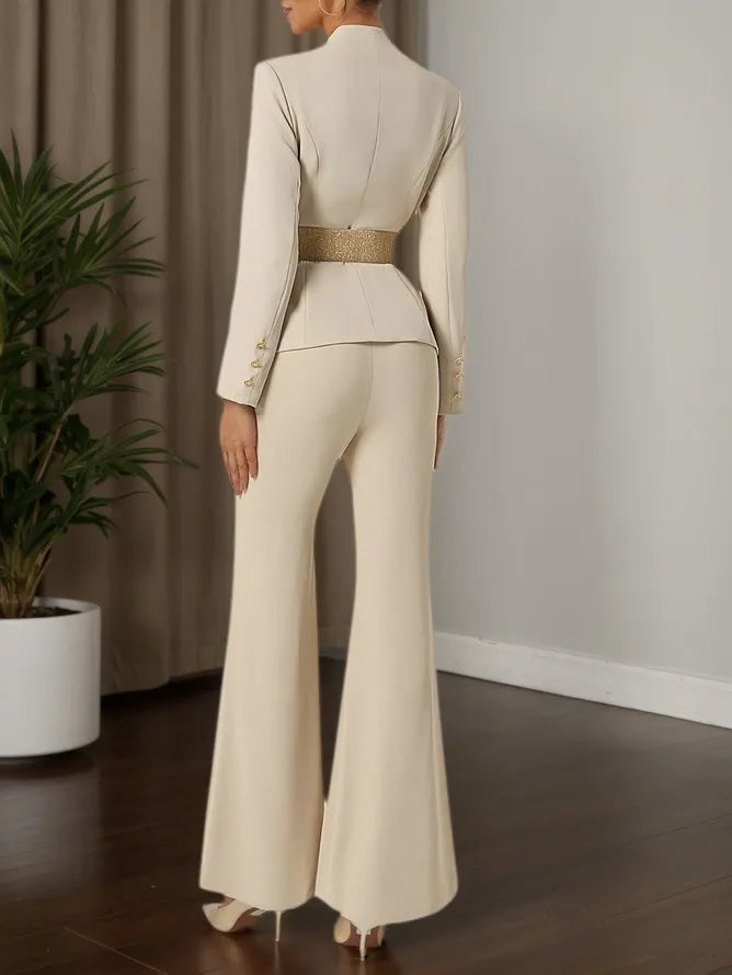 Women Apricot Applique Embroidery Deep V Neck Long Sleeve Dressy Coat With Pants Two-Piece Set