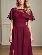 A Line Scoop Neck Short Sleeve Chiffon Mother of the Bride Dress With Leg Slit