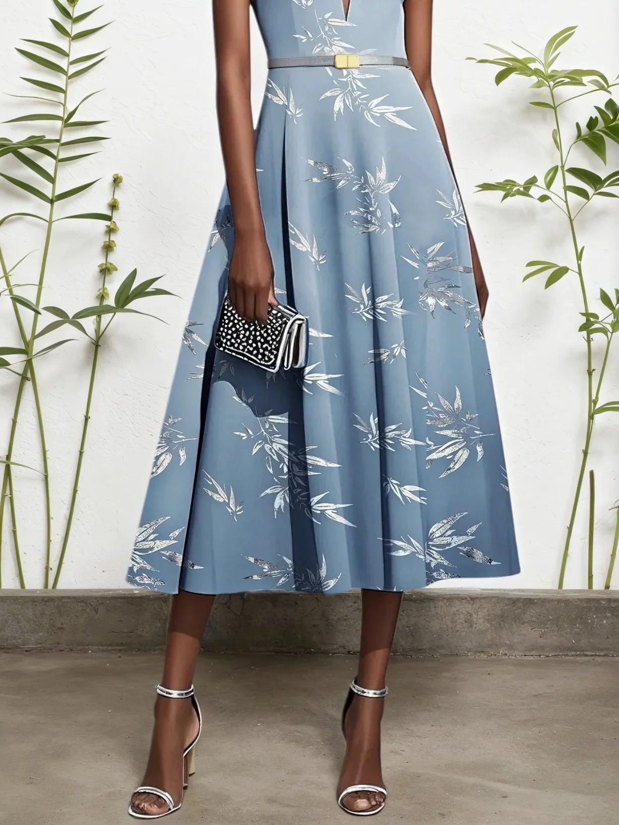 Light Blue 3D Floral Chiffon V Neck Sleeveless A-Line Maxi Dress