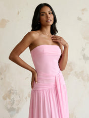 Pink Strapless A Line Chiffon Maxi Dress with Pleat