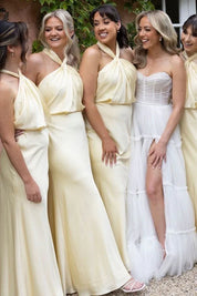 Yellow Halter Sheath Long Bridesmaid Dress with Twist Knot
