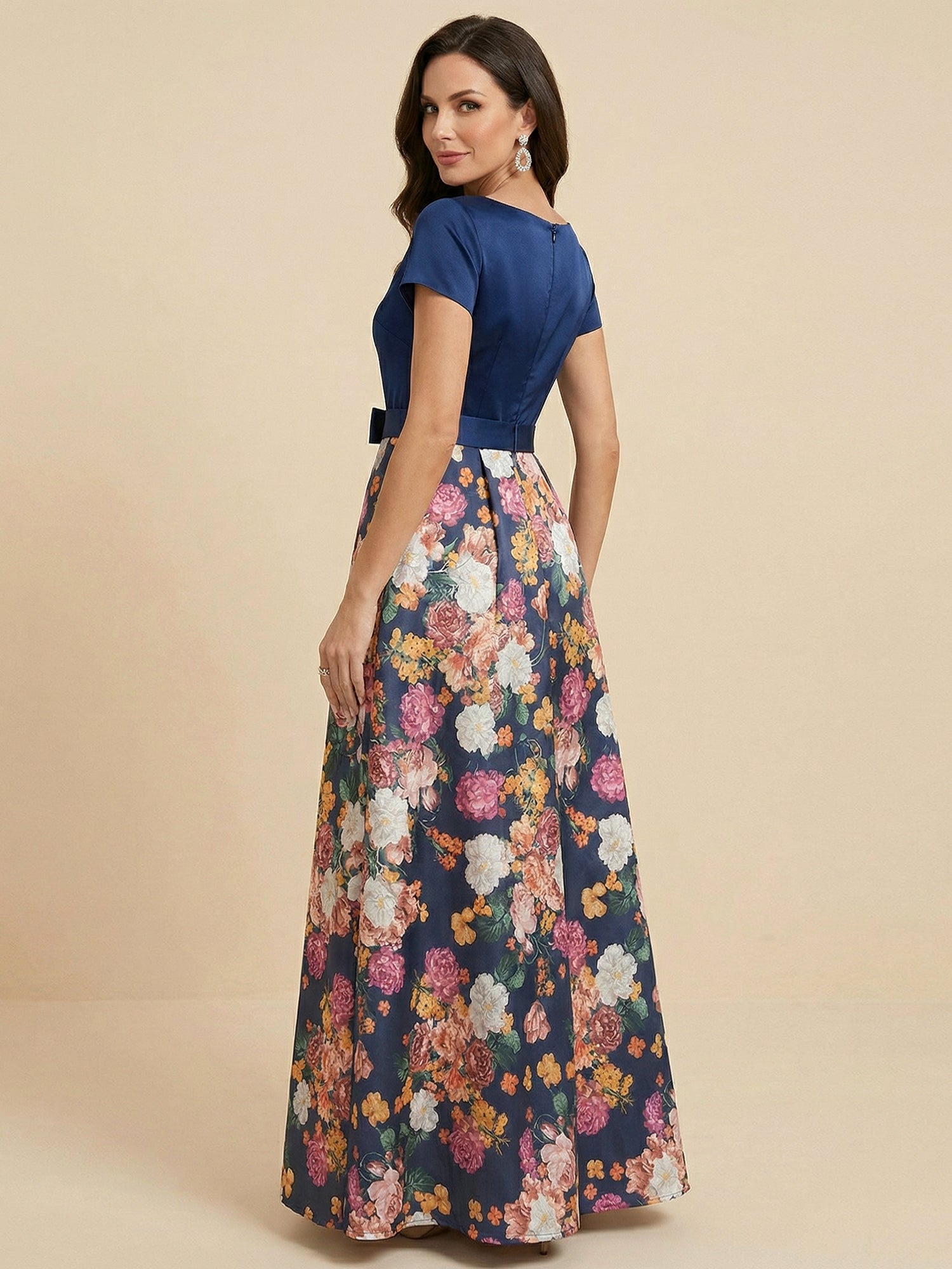 Navy Blue Short Sleeves Satin Two-piece Print Floral Mother of the Brides dress with Bow