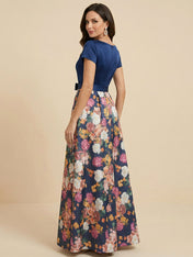 Navy Blue Short Sleeves Satin Two-piece Print Floral Mother of the Brides dress with Bow
