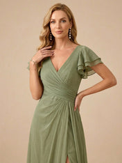 Sage Green V-Neck High-Slit Pleated Chiffon Dress