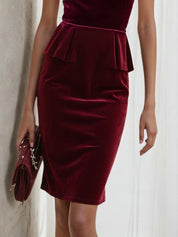 Wine Red 3D Floral Peplum Velvet Off The Shoulder Short Sleeve Sheath Midi Dress
