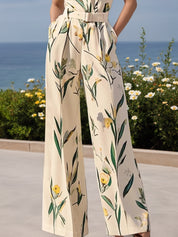 Women White Printing Deep V Neck Sleeveless Vacation Jumpsuit