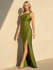 One Shoulder Satin Maxi Dresses Mermaid Formal Dress with Slit