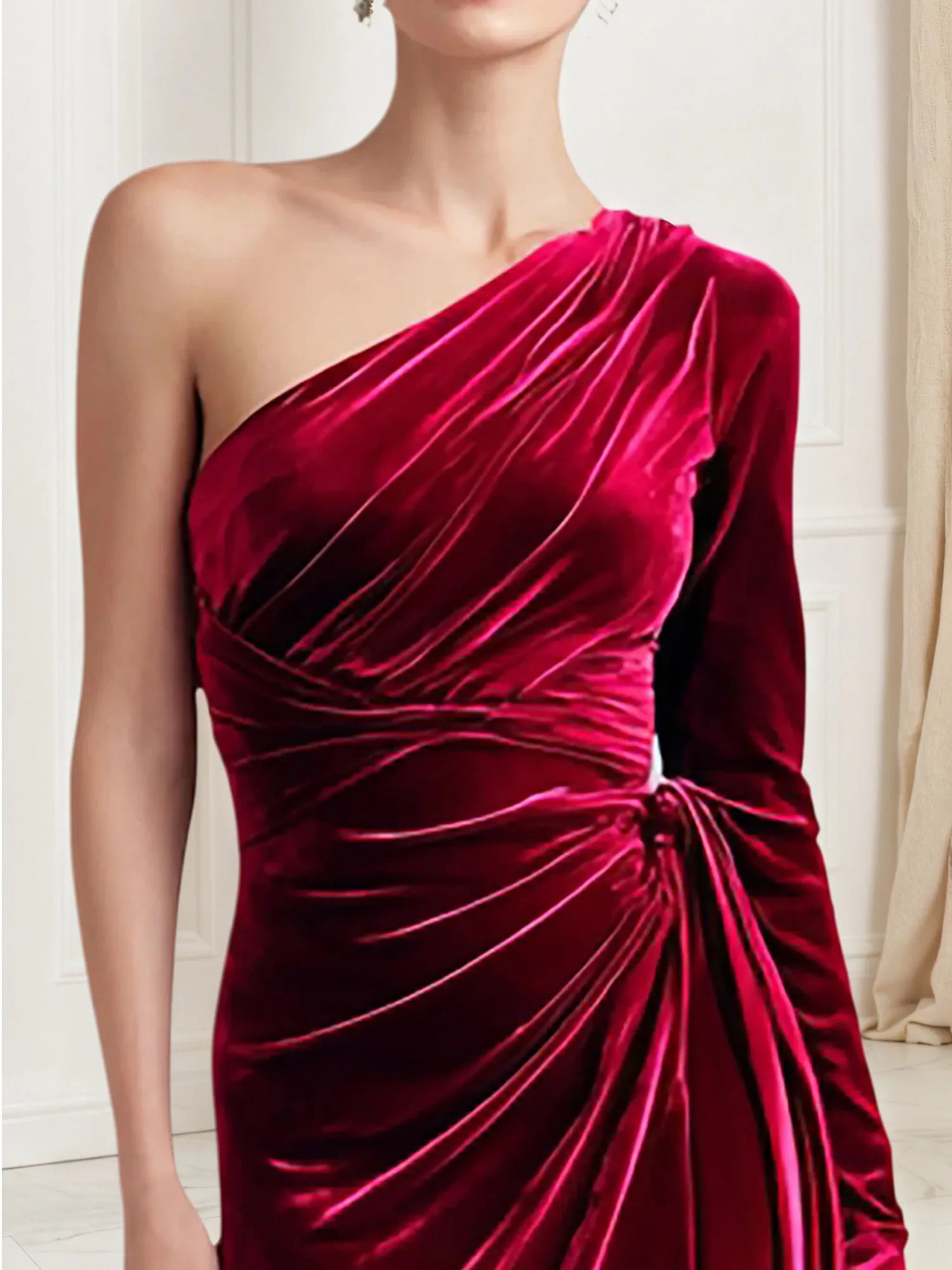Sheath/Column One Shoulder Long Sleeve Ruched Velvet Floor Length Evening Dress