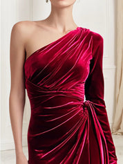 Sheath/Column One Shoulder Long Sleeve Ruched Velvet Floor Length Evening Dress